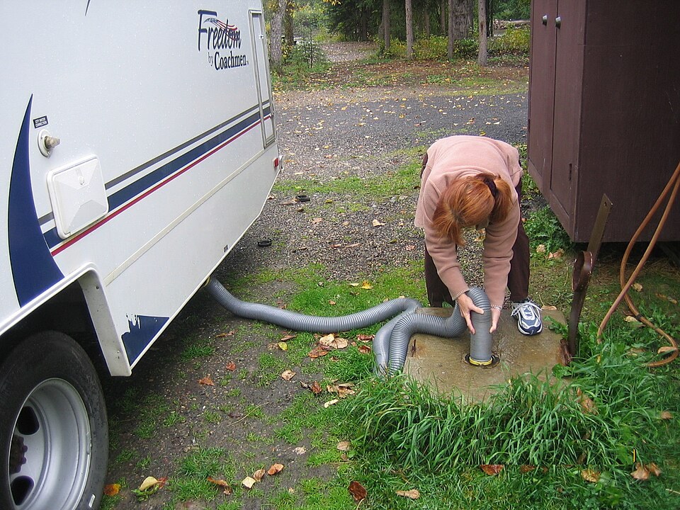 Emptying an RV waste tank at a dump station